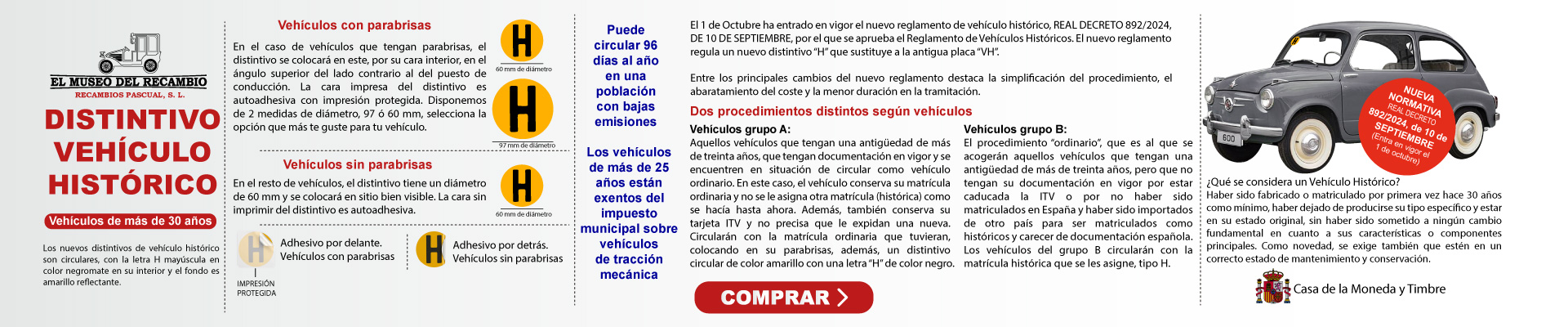 PEGATINA VEHICULO HISTORICO H Distintivo de Vehículo Histórico